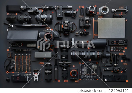 A flat lay of photography and videography equipment on a dark background. A flat lay of photography and videography equipment on a dark background. 124098505