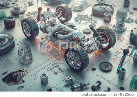 A 3D rendering of a car chassis surrounded by various car parts on a technical blueprint. A 3D rendering of a car chassis surrounded by various car parts on a technical blueprint. 124098506
