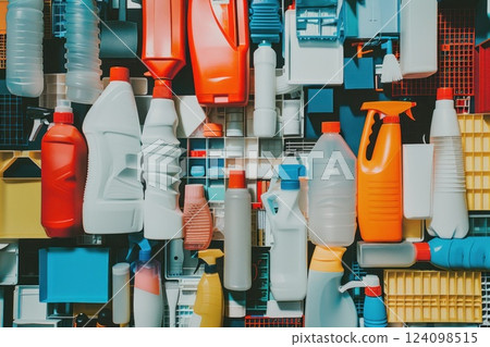 A colorful collection of various plastic bottles and containers. A colorful collection of various plastic bottles and containers. 124098515