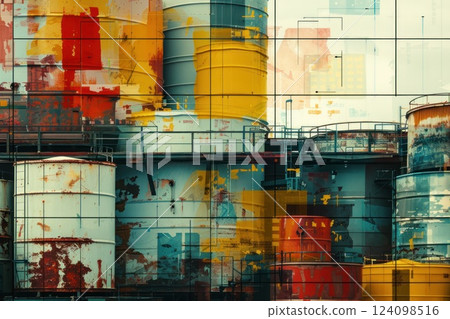 Abstract industrial background with colorful oil tanks and grid overlay. Abstract industrial background with colorful oil tanks and grid overlay. 124098516