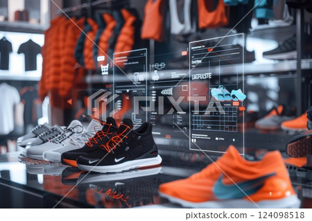 A display of fashionable sneakers in a retail store with digital screens displaying data and information. A display of fashionable sneakers in a retail store with digital screens displaying data and information. 124098518