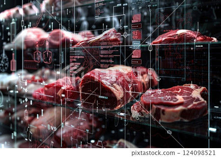 Raw meat steaks displayed in a refrigerated case, with digital overlay graphics. 124098521