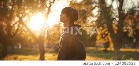 Young man wearing a hoodie, standing in a forest, looking at the sunset. 124098522