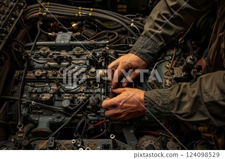 A mechanic's hands work on the engine of a large aircraft. 124098529