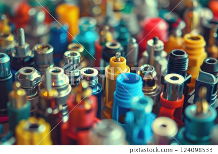 A close-up shot of colorful electrical connectors. 124098533