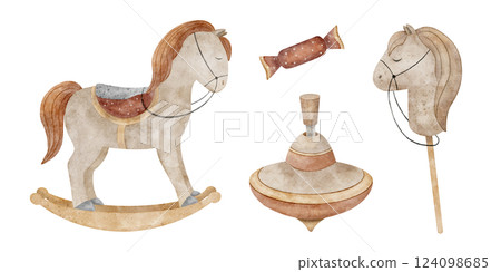 Set of children's toys horse swing, on a stick, candy, top, whirligig. Watercolor illustration in retro style on isolated background. Elements for design Christmas cards, New Year invitations, vintage 124098685