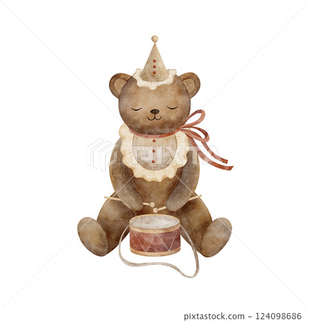 Cute watercolor teddy bear playing drums in a festive vintage cap. Hand drawn children's illustration retro style on isolated background for design greeting cards, invitations posters, clothes, labels Cute watercolor teddy bear playing drums in a festive vintage cap. Hand drawn children's illustration retro style on isolated background for design greeting cards, invitations posters, clothes, labels 124098686