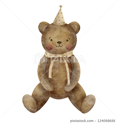 Cute teddy bear sitting, smiling in a party hat bow. Watercolor illustration kid's toy in retro style on isolated background for handmade greeting cards, Christmas vintage invitations, posters clothes Cute teddy bear sitting, smiling in a party hat bow. Watercolor illustration kid's toy in retro style on isolated background for handmade greeting cards, Christmas vintage invitations, posters clothes 124098688
