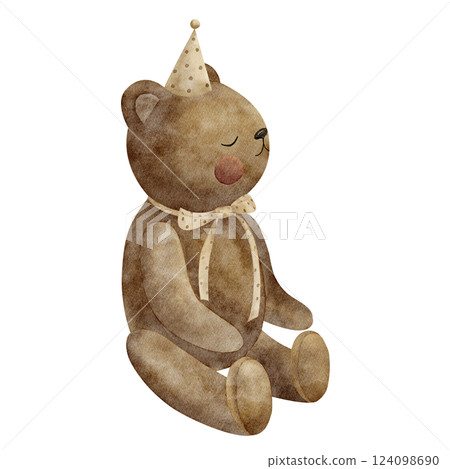 Watercolor illustration retro teddy bear sitting in party hat bow. Cartoon style drawing of kid's toy on isolated background for handmade greeting cards, Christmas vintage invitations, posters clothes Watercolor illustration retro teddy bear sitting in party hat bow. Cartoon style drawing of kid's toy on isolated background for handmade greeting cards, Christmas vintage invitations, posters clothes 124098690