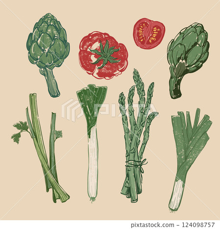 Vector vegetable doodle set of leek, celery, tomato, artichoke and asparagus. Hand-drawn garden harvest sketch with vintage texture. Tasty food for design, veggie market drawing print or background. 124098757