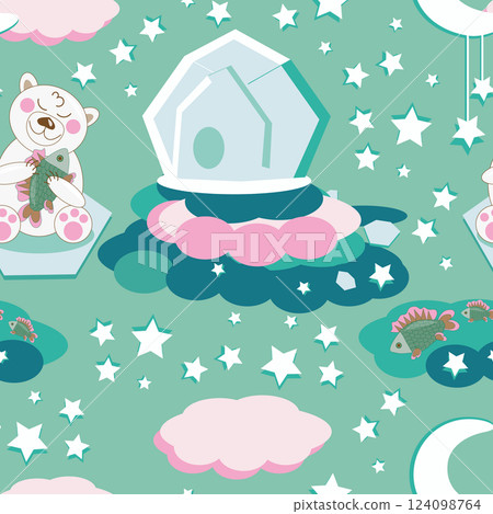Seamless pattern polar bear cub under stars and moon with fish 124098764