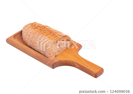 Buckwheat baguette sliced on a wooden board isolate. 124099036