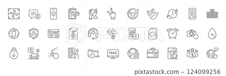 Scroll down, Reject web and Puzzle line icons. Pack of Swipe up, Recovery photo, Phone app icon. Recovery devices, Touchscreen gesture, Update document pictogram. Tool case. Line icons. Vector 124099256