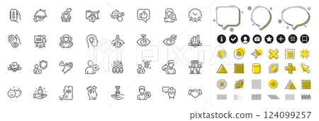 Set of Teamwork chart, Friendship and Share line icons for web app. Design elements, Social media icons. Voicemail, Use gloves, Time hourglass icons. Work home, Smile, Shield signs. Vector 124099257