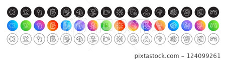 Employee hand, 5g internet and Coronavirus line icons. Round icon gradient buttons. Pack of Waterproof, Social distancing, Puzzle icon. Documents, Idea, Blood donation pictogram. Vector 124099261