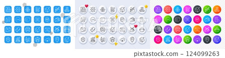 Uv protection, Iodine mineral and Music app line icons. Square, Gradient, Pin 3d buttons. AI, QA and map pin icons. Pack of Ad, Delivery time, Stairs icon. Vector 124099263