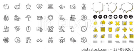 Set of Scissors, Video conference and Cable section line icons for web app. Design elements, Social media icons. Discount coupon, Meditation eye, Tap water icons. Vector 124099265