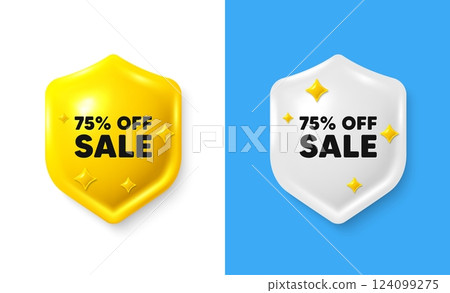 Sale 75 percent off discount. Shield 3d icon banner with text box. Promotion price offer sign. Retail badge symbol. Sale chat protect message. Shield speech bubble banner. Vector 124099275