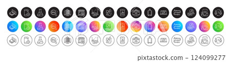 Atm money, Enterprise and Food market line icons. Round icon gradient buttons. Pack of Sunscreen, Bumper cars, Seo phone icon. Fake news, Baggage reclaim, New products pictogram. Vector 124099277