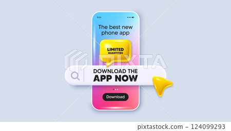 Limited quantities tag. Phone mockup screen. Download the app now. Special offer sign. Sale promotion symbol. Phone download app search bar. Limited quantities text message. Vector 124099293