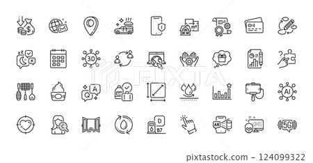 Waterproof, Web3 and Diesel station line icons pack. AI, Question and Answer, Map pin icons. Cursor, User communication, Grill tools web icon. Heart target, Card, Search puzzle pictogram. Vector 124099322