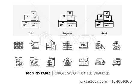 Warehouse manager, Wholesale stock, Goods checklist. Inventory line icons. Delivery logistic, Box shelf, Warehouse distribution outline icons. Wholesale freight, Storage and Inventory operator. Vector 124099369