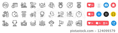 Dumbbell, Award cup and Timer line icons pack. Social media icons. Quiz, Winner ribbon, Fitness calendar web icon. Success, Bicycle lockers, Boat pictogram. Fitness, Arena, Fishing. Vector 124099379