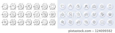 Chemistry lab, Leaf and Like line icons. White pin 3d buttons, chat bubbles icons. Pack of Currency exchange, Messenger, Coffee beans icon. Portfolio, Smartphone, 5g internet pictogram. Vector 124099382