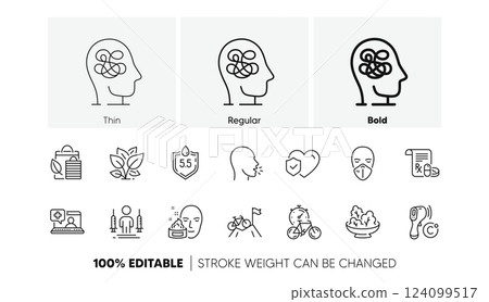Bike timer, Coronavirus injections and Life insurance line icons. Pack of Anxiety, Bio shopping, Ph neutral icon. Cough, Salad, Leaf pictogram. Medical help, Medical mask. Line icons. Vector 124099517
