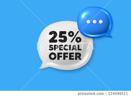 25 percent discount offer tag. Text box speech bubble 3d icons. Sale price promo sign. Special offer symbol. Discount chat offer. Speech bubble banner. Text box balloon. Vector 124099521