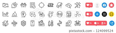 Eye detect, Transmitter and Magic wand line icons pack. Social media icons. Wifi, Electric plug, Seo analysis web icon. Charging station, Copywriting notebook, Covid test pictogram. Vector 124099524