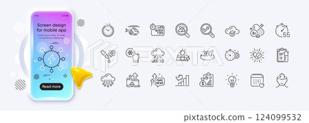Search employees, Healthcare calendar and Cloud computing line icons for web app. Phone mockup gradient screen. Pack of Cogwheel timer, Full rotation, Chemistry pipette pictogram icons. Vector 124099532