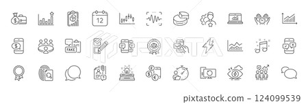 Business statistics, Pie chart and Currency rate line icons. Pack of Inspect, Typewriter, Chat message icon. Meeting, Smartphone sms, Trade infochart pictogram. Success, Fake document. Vector Business statistics, Pie chart and Currency rate line icons. Pack of Inspect, Typewriter, Chat message icon. Meeting, Smartphone sms, Trade infochart pictogram. Success, Fake document. Vector 124099539