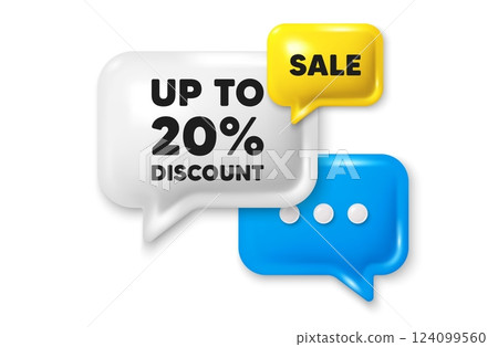 Up to 20 percent discount. Offer speech bubble 3d icon. Sale offer price sign. Special offer symbol. Save 20 percentages. Discount tag chat offer. Speech bubble sale banner. Discount balloon. Vector 124099560