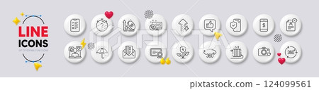 Certificate, Photo camera and Social media line icons. White buttons 3d icons. Pack of Waterproof umbrella, Energy growing, Resume document icon. Interview, Web call, Excise duty pictogram. Vector 124099561