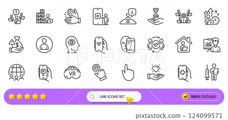Hold heart, Face biometrics and Work home line icons for web app. Pack of Approved teamwork, Phone video, Time hourglass pictogram icons. Parking app, Cursor, Inventory signs. Search bar. Vector 124099571