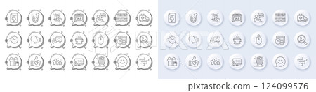 Smile chat, Online auction and Market sale line icons. White pin 3d buttons, chat bubbles icons. Pack of Seo, Coffee cup, Grocery basket icon. Happy emotion, Music phone, Binary code pictogram. Vector 124099576