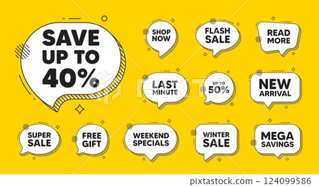 Offer speech bubble icons. Save up to 40 percent. Discount Sale offer price sign. Special offer symbol. Discount chat offer. Speech bubble discount banner. Text box balloon. Vector 124099586