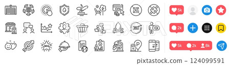 Eco organic, Qr code and Internet document line icons pack. Social media icons. Blood donation, Target, Phone communication web icon. Water splash, Shop cart, Smile pictogram. Vector 124099591