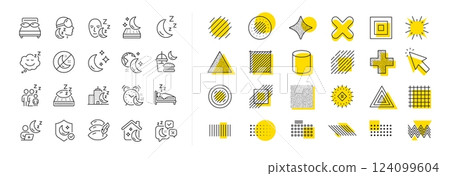 Sleeping pillow, Night bed and Insomnia sleeplessness. Design shape elements. Sleep line icons. Bedroom rest mattress, Zzz snooze and Pillows with feather icons. Vector 124099604