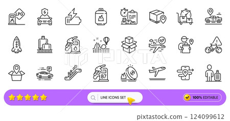 Baggage reclaim, Delivery report and Gas cylinder line icons for web app. Pack of Battery, Packing boxes, Car charging pictogram icons. Car parking, Fast delivery, Petrol station signs. Vector 124099612