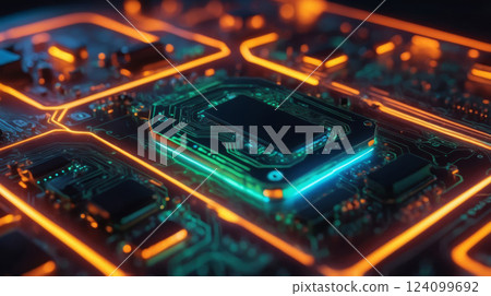 Here is a close up image of a computer chip located on a motherboard 124099692