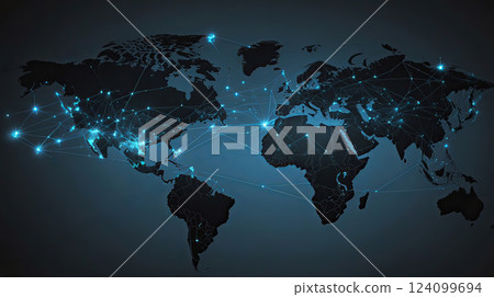 A detailed map of the world adorned with numerous vibrant lights on it 124099694
