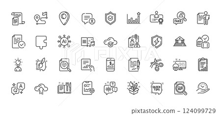 Mobile finance, Certificate and Recipe book line icons pack. AI, Question and Answer, Map pin icons. Court building, Fake news, Check article web icon. Vector 124099729