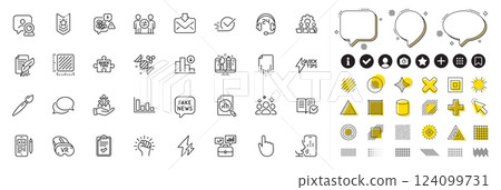 Set of Business portfolio, Checklist and Brush line icons for web app. Design elements, Social media icons. Inclusion, Empower, Discrimination icons. Vr, Decreasing graph, Quick tips signs. Vector 124099731