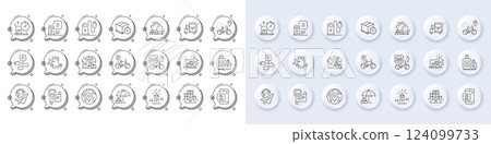 Bicycle parking, Bike delivery and Charging station line icons. White pin 3d buttons, chat bubbles icons. Pack of Metro map, Diesel station, Charging parking icon. Vector Bicycle parking, Bike delivery and Charging station line icons. White pin 3d buttons, chat bubbles icons. Pack of Metro map, Diesel station, Charging parking icon. Vector 124099733