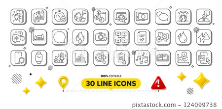 Report document, Clipboard and Internet line icons pack. 3d design elements. Phone protect, Currency rate, Music web icon. Interview, Voicemail, Chemistry lab pictogram. Vector 124099738