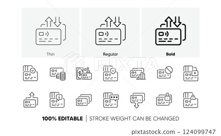 Non-cash Payment, Withdraw Funds and Wallet cash icons. Credit card line icons. Money Transfer, Approved credit card and Payment method. Password protection, Withdrawal funds from wallet. Vector 124099747
