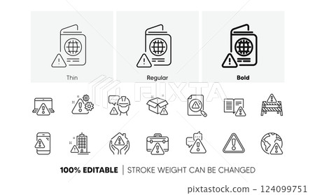 Caution sign, Exclamation mark, Risk attention. Warnings line icons. Danger alert, error caution, urgent information line icons. Safety risk, construction warning, documentation error. Vector 124099751