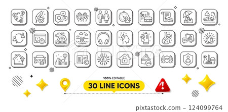 Graph chart, Lotus and Buy car line icons pack. 3d design elements. Headphones, Info, Video conference web icon. Vip security, Hypoallergenic tested, Copyright pictogram. Vector 124099764